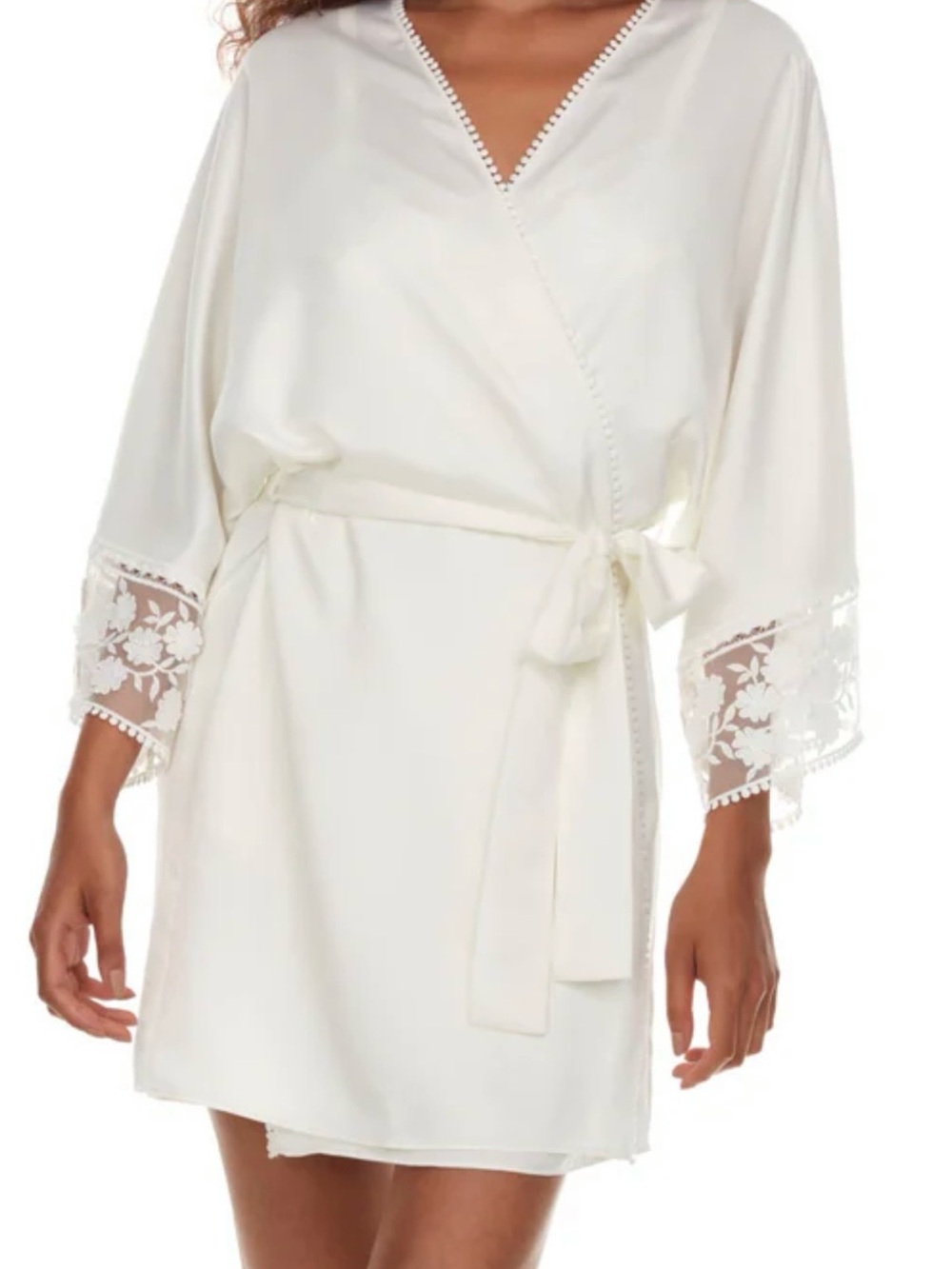 Flora Nikrooz Ivory Satin Wrap Robe with Lace Cuffs